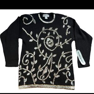 Victoria Harbour Sweater Women's Med BLACK Sequins Beading Holiday NWT